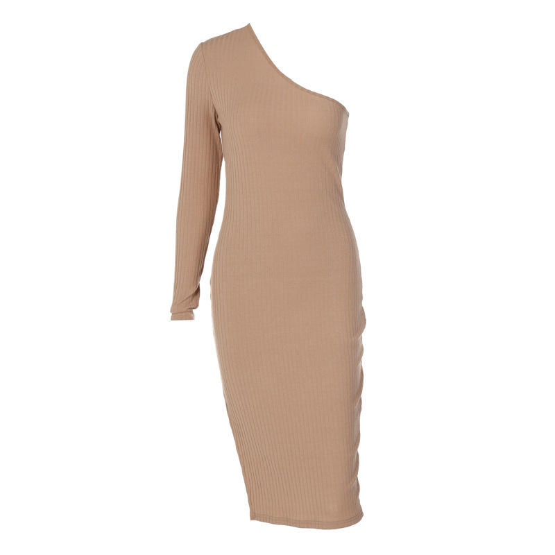 Brugerdefineret fjeder off skulder Lang polyester sweater Kvinders tøj Fashion Fast farve Knit Diagonal Slit sexet kjole